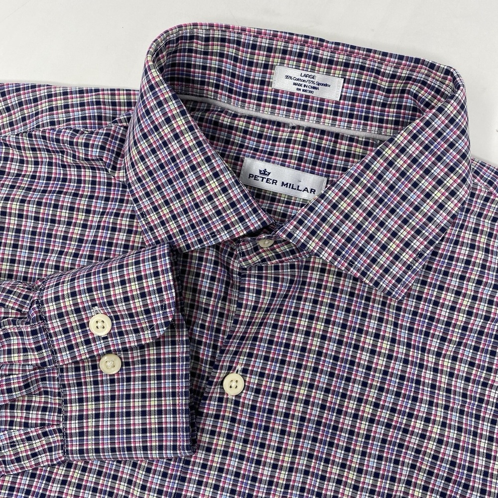 Peter‎ Millar Button Down Shirt Mens Large Multi Color Plaid Stretch Long Sleeve